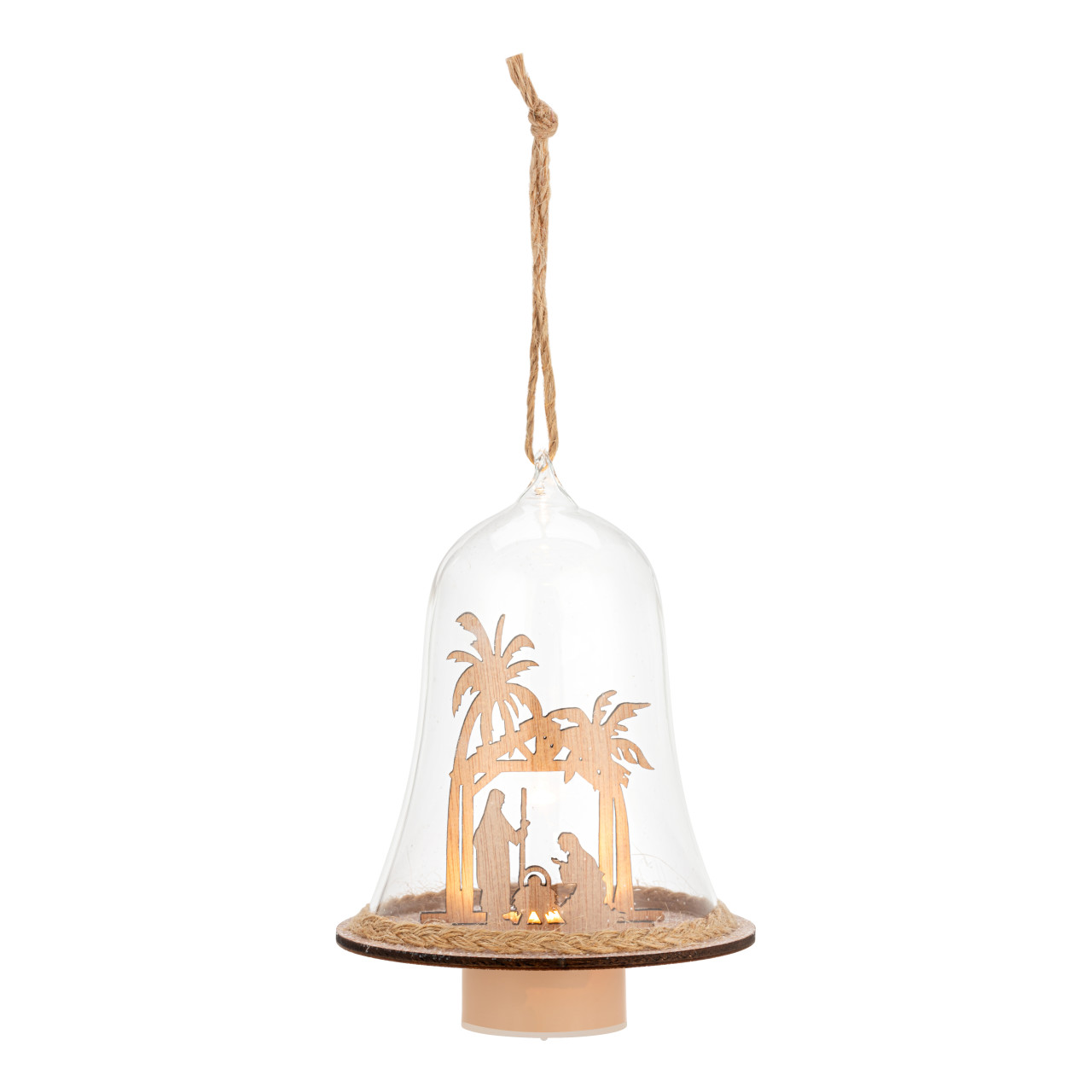 Lit Wood Nativity Cloche Ornament thumbnail
