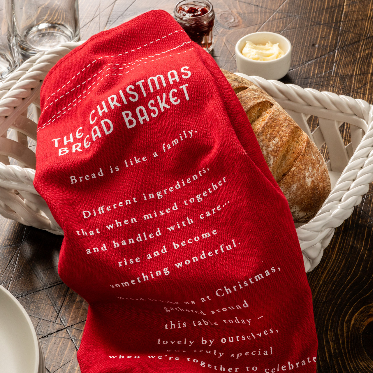 Gather 'Round Holiday Ceramic Bread Basket With Red Tea Towel thumbnail