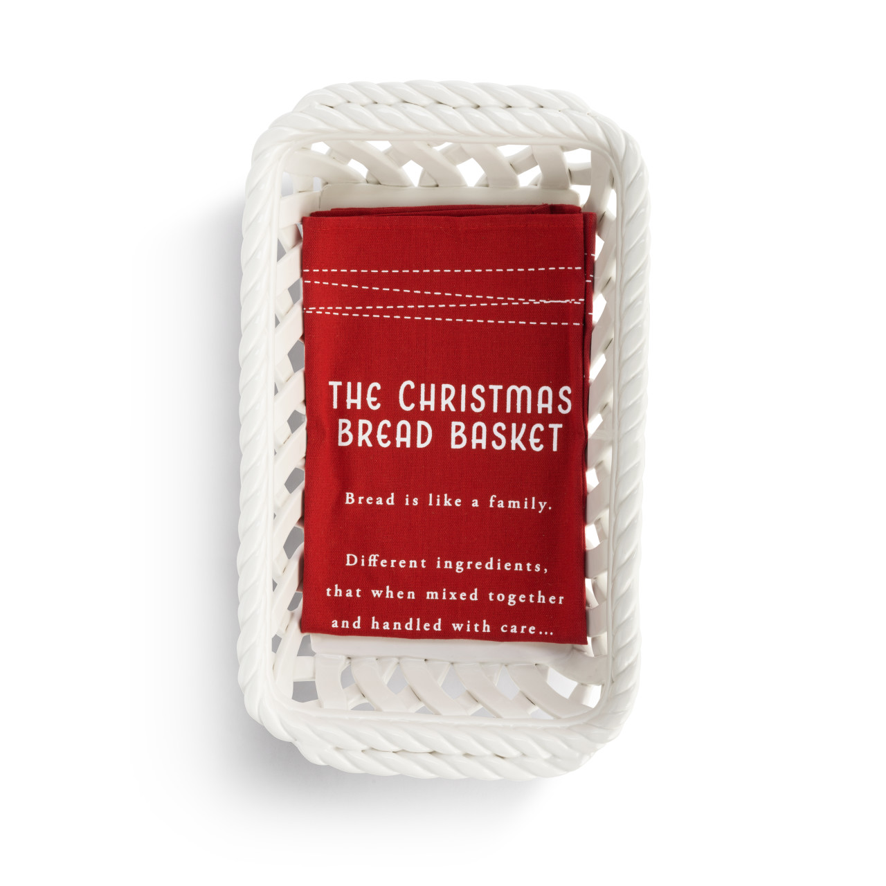 Gather 'Round Holiday Ceramic Bread Basket With Red Tea Towel thumbnail