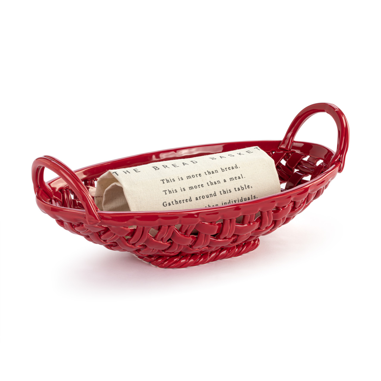 Red Ceramic Bread Basket with Towel thumbnail