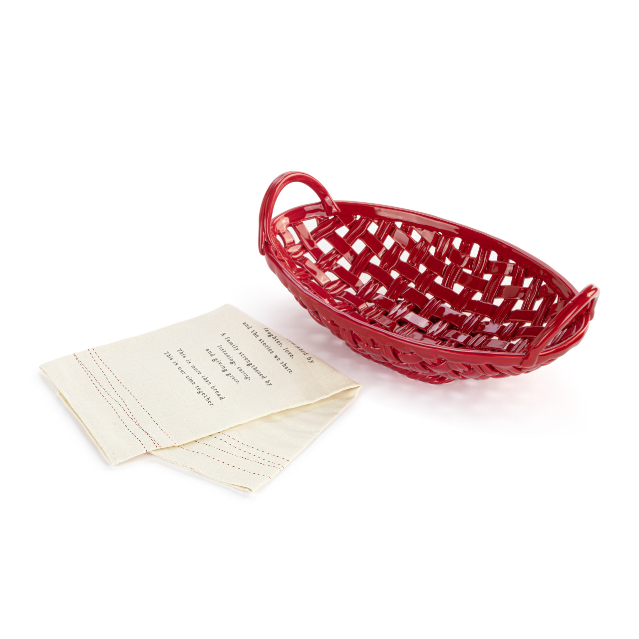 Red Ceramic Bread Basket with Towel thumbnail