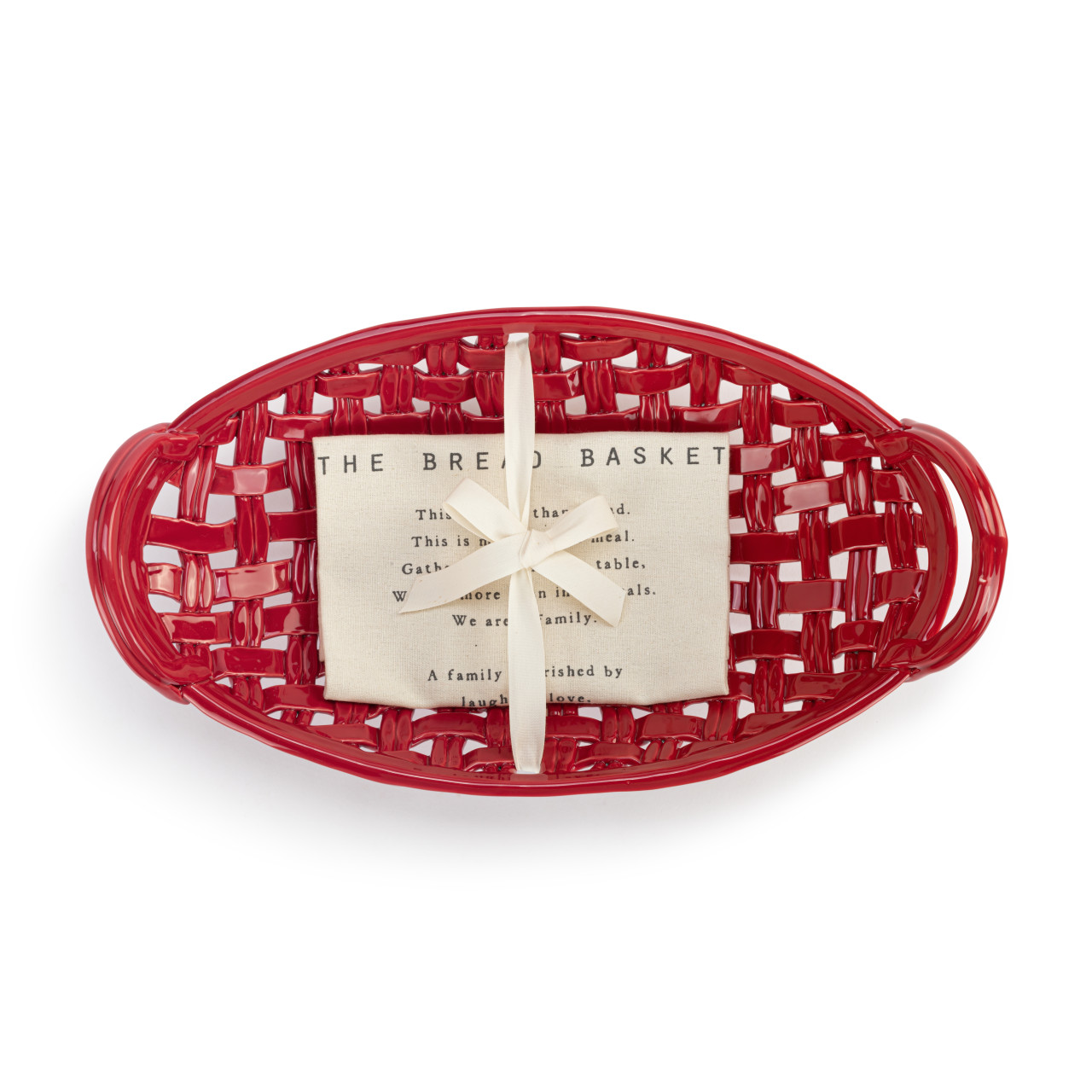 Red Ceramic Bread Basket with Towel thumbnail