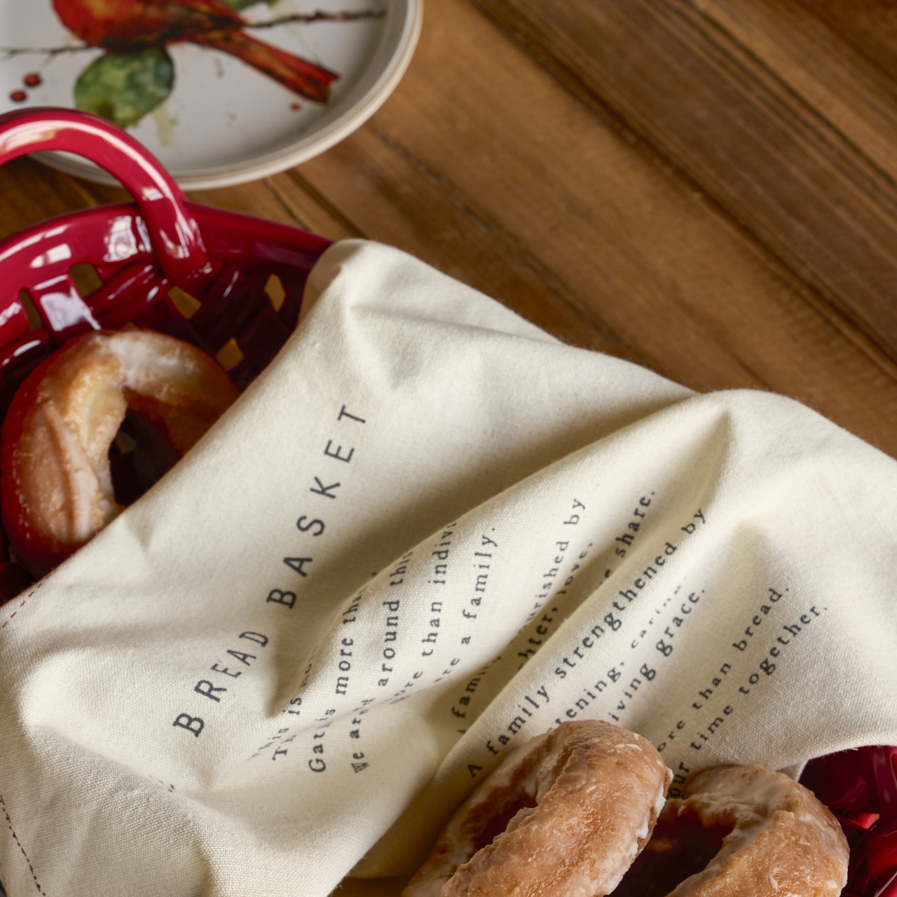 Red Ceramic Bread Basket with Towel thumbnail