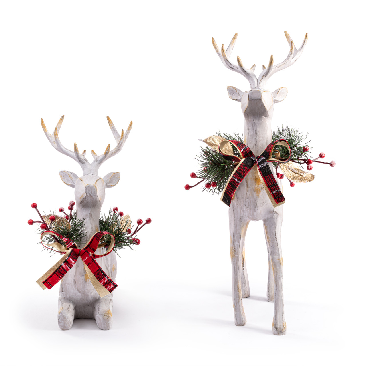 Holly Lodge White Wood Large Reindeer With Holly Figurines Set of 2 thumbnail