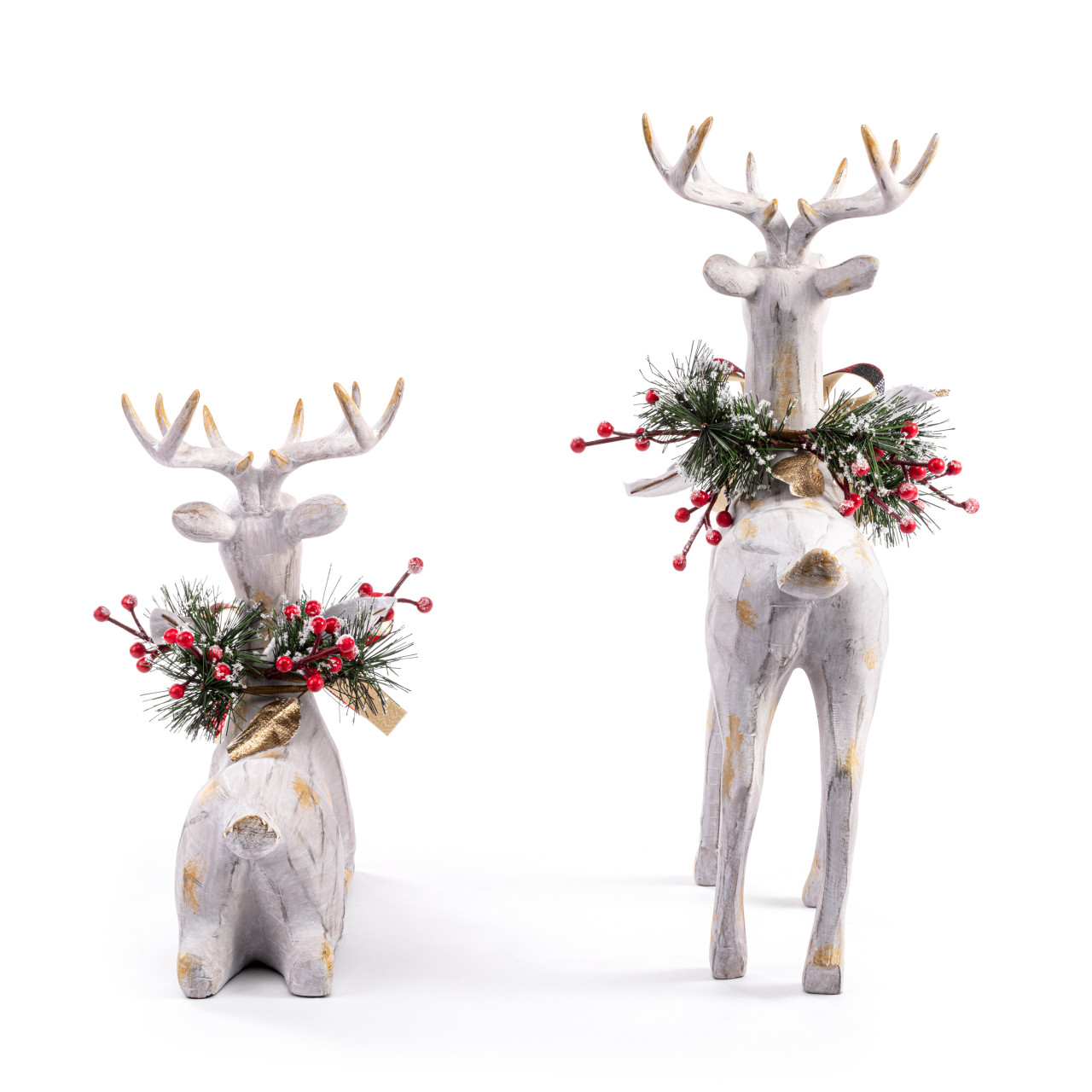 Holly Lodge White Wood Large Reindeer With Holly Figurines Set of 2 thumbnail