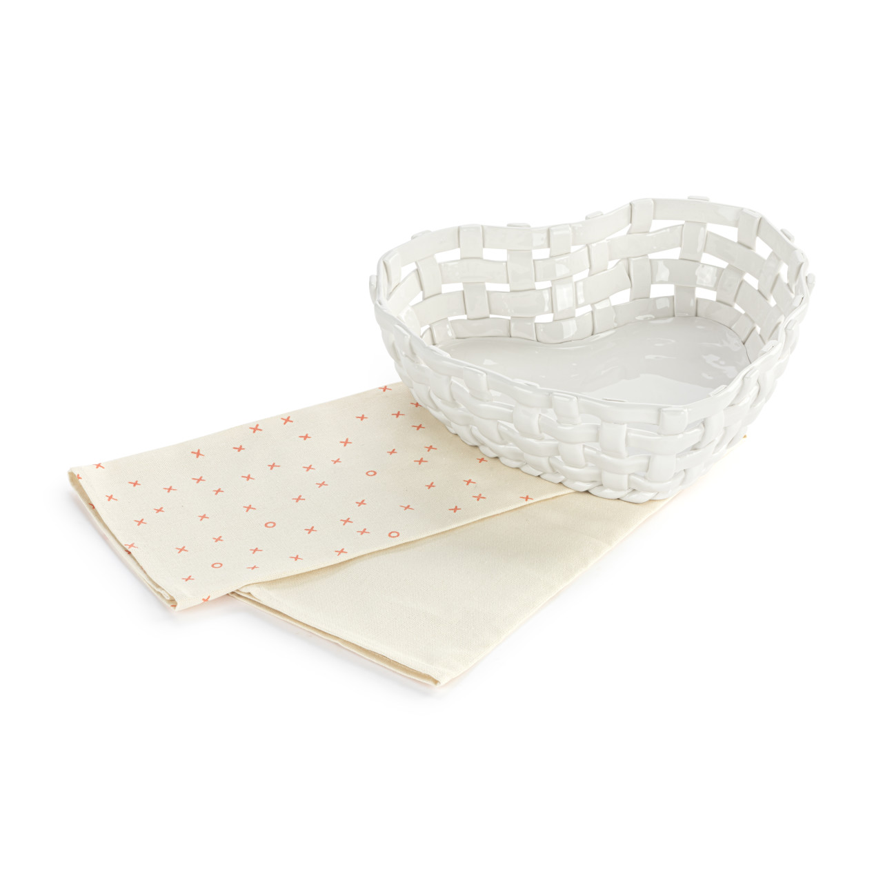 Gather 'Round Ceramic Heart-Shaped Bread Basket With Towel thumbnail