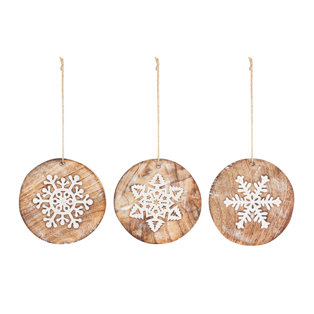 Round Whitewashed Wood Snowflake Ornaments - 3 Assorted thumbnail
