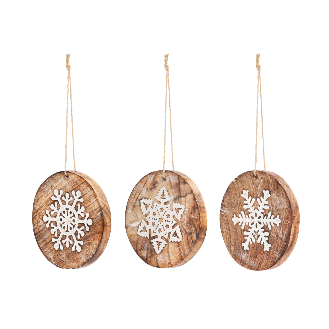 Round Whitewashed Wood Snowflake Ornaments - 3 Assorted thumbnail