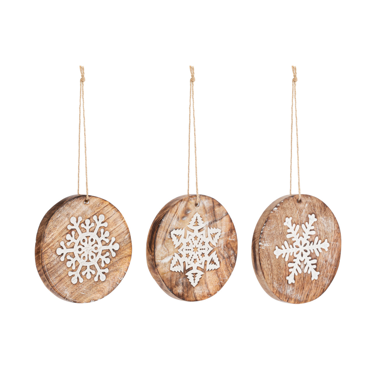 Round Whitewashed Wood Snowflake Ornaments - 3 Assorted thumbnail