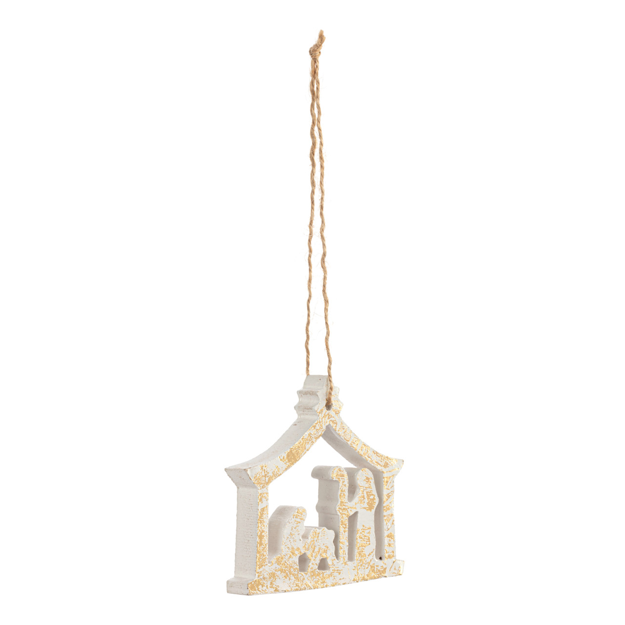 Nativity Scene Gold White Wood Ornament thumbnail