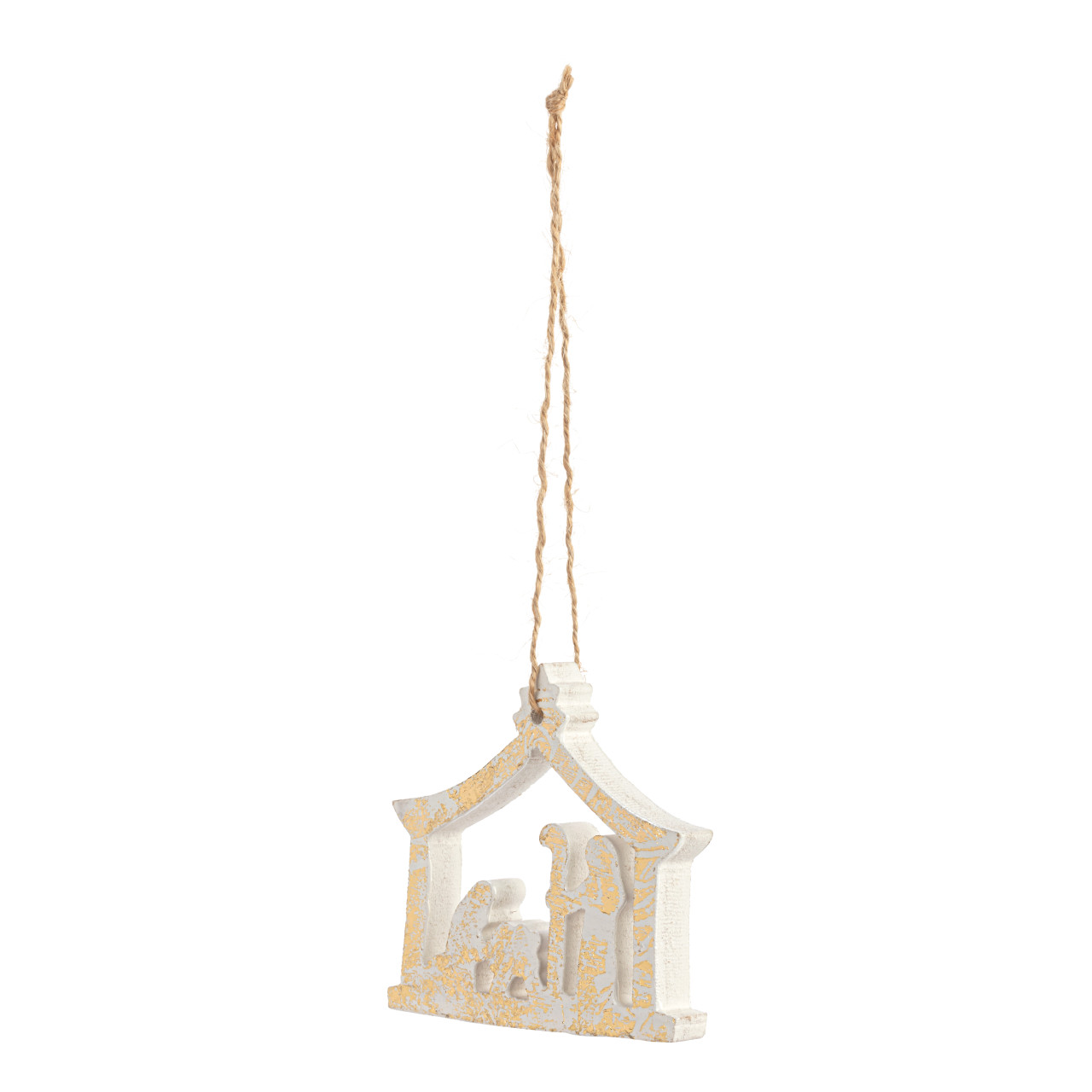 Nativity Scene Gold White Wood Ornament thumbnail