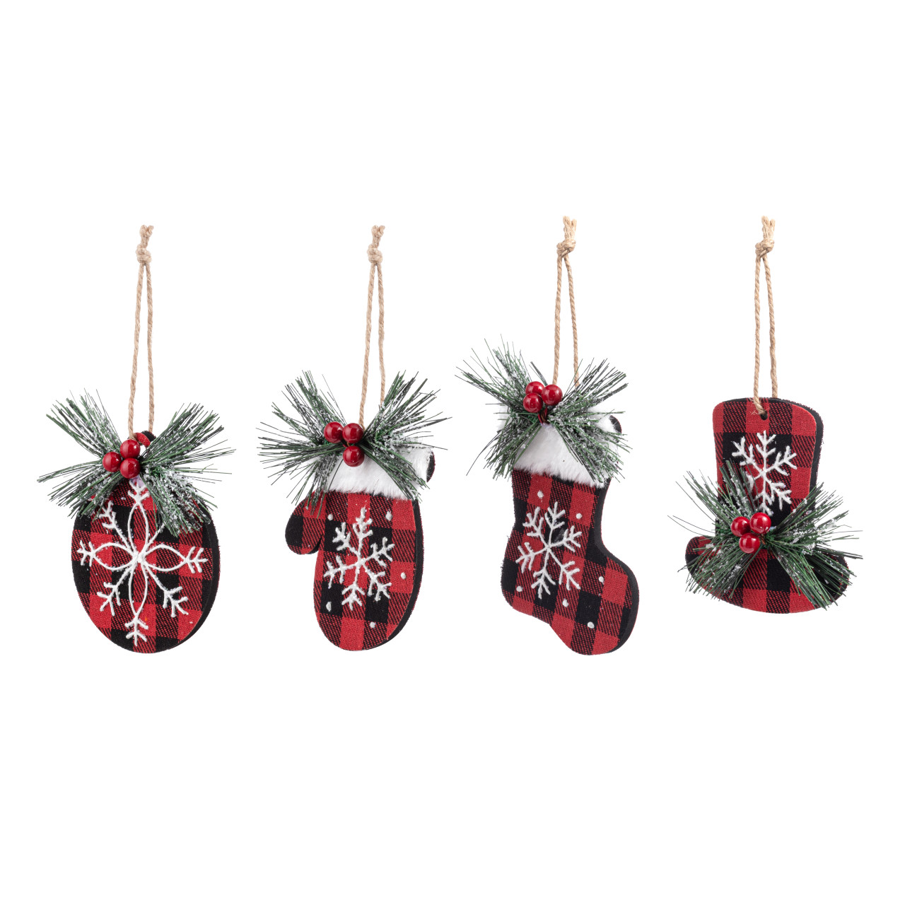 Buffalo Plaid Fabric Ornaments w Holly - 4 Asst thumbnail