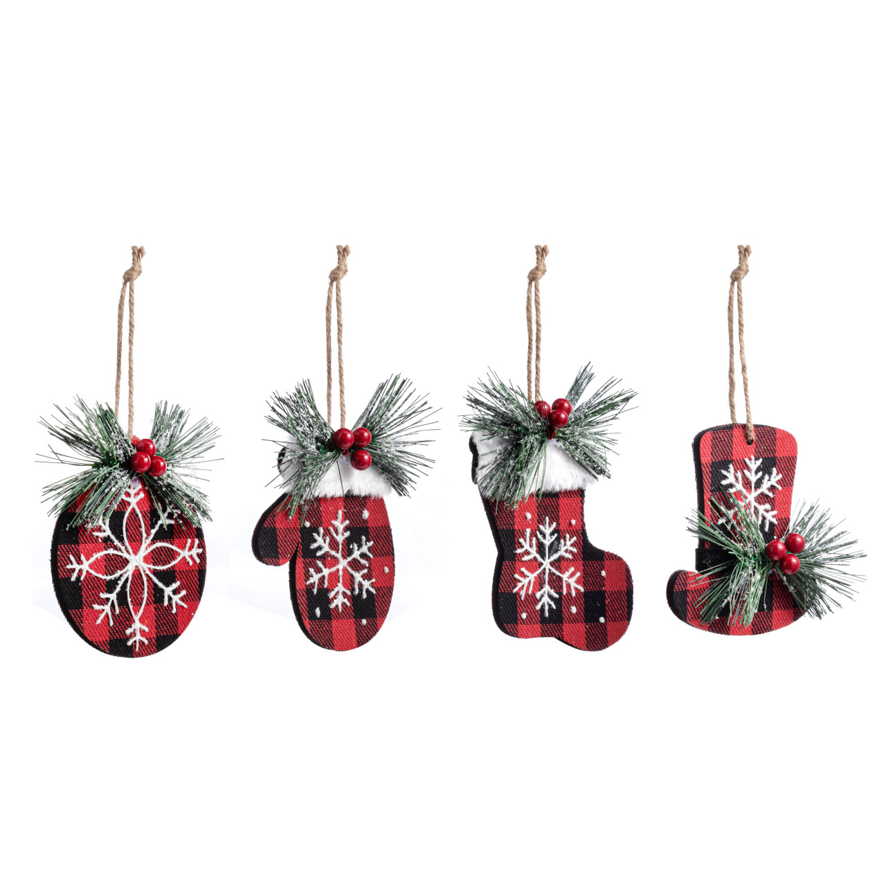 Buffalo Plaid Fabric Ornaments w Holly - 4 Asst thumbnail