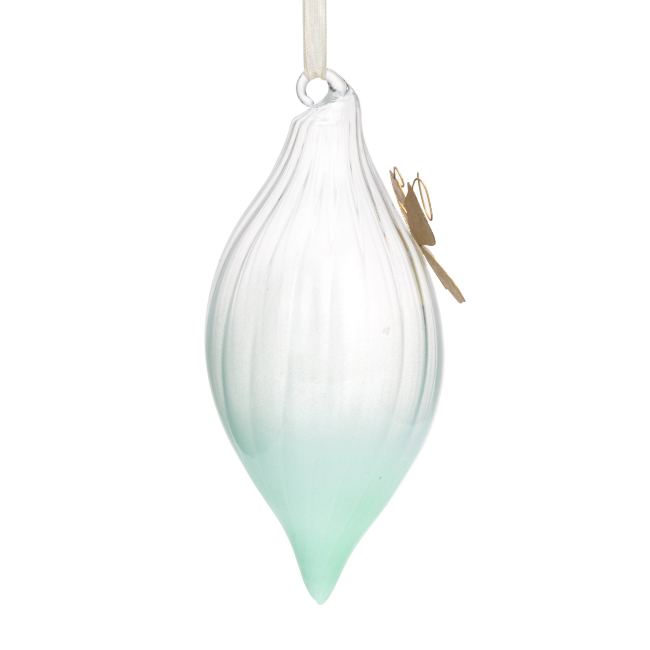 Green Milk Glass Ornament with Butterfly Charm - 3x7in thumbnail