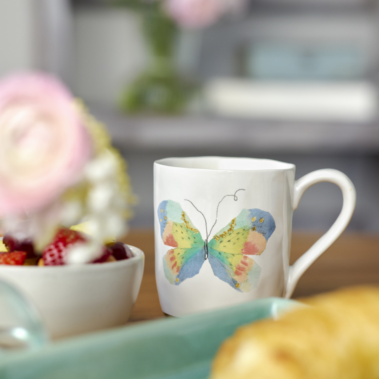 Pastel Multi Butterfly White Mug with Gold Trim - 14oz thumbnail