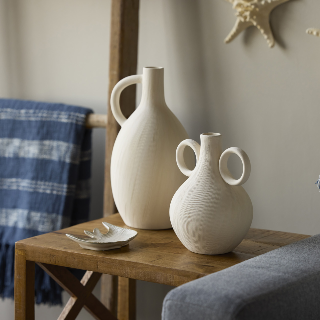 Cream Ceramic Double Handle Jug Vase - 7x8in thumbnail