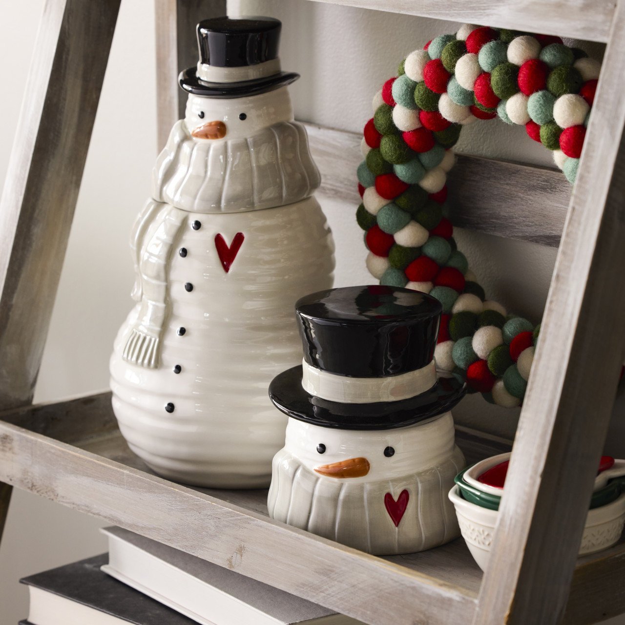Snowman Red Heart Cream Ceramic Candy Jar - 5x7in thumbnail
