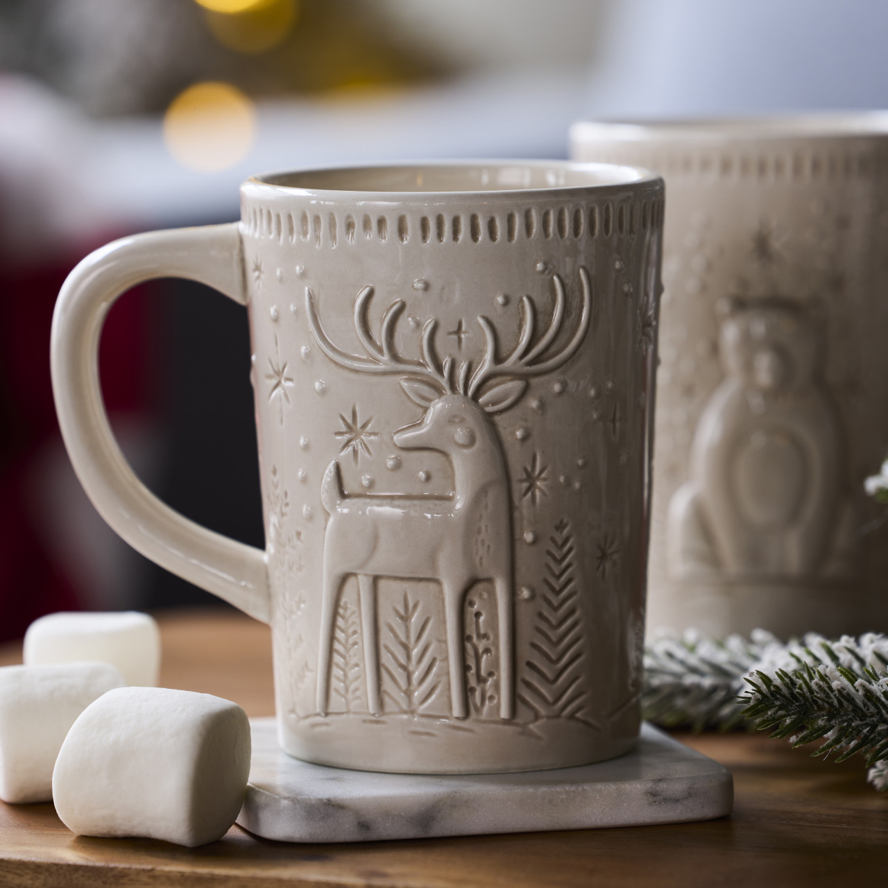Deer and Polar Bear Winter Scene Sculpted Ceramic Mugs - Set of 2 thumbnail