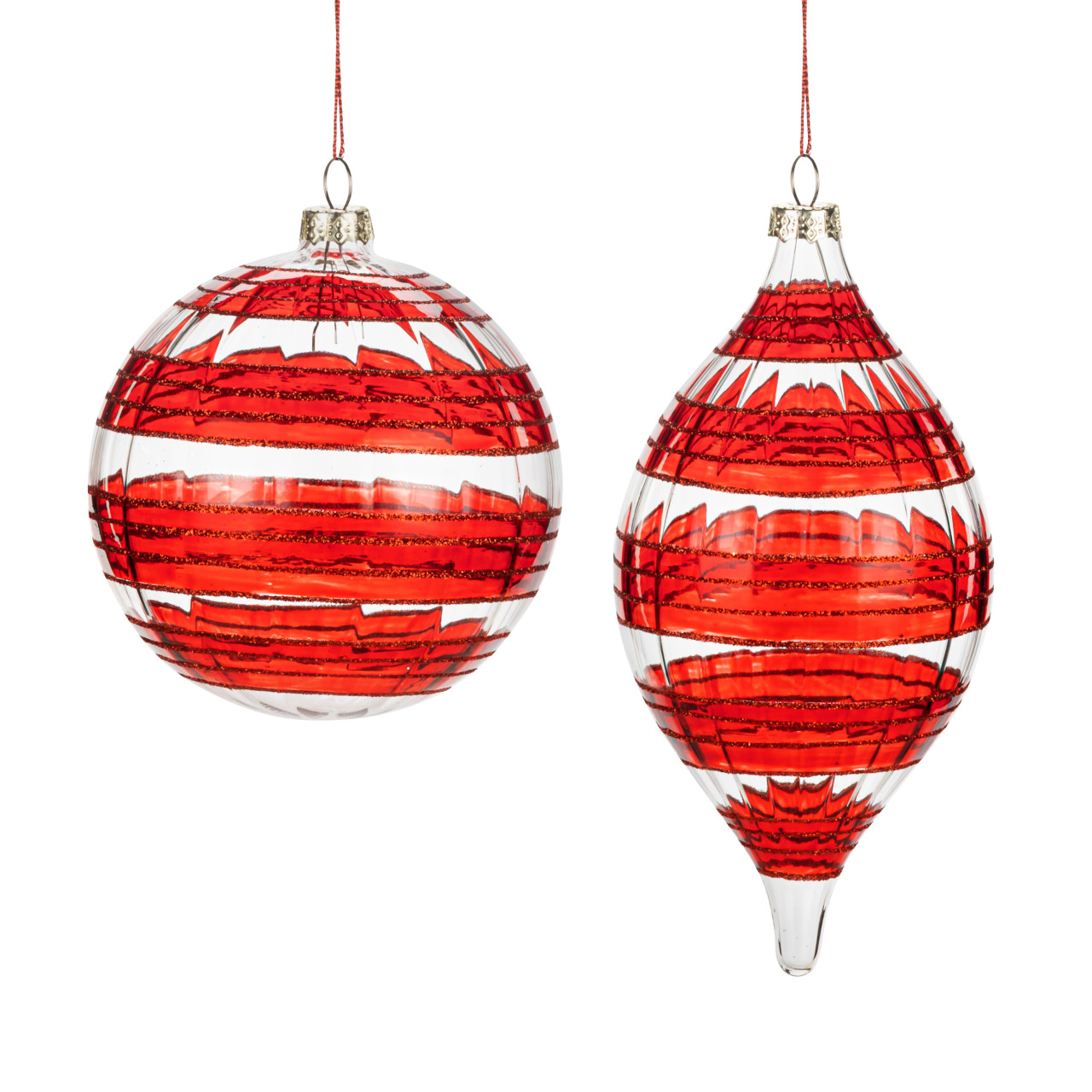 Red and Clear Horizontal Stripe Glitter Glass Ornaments - 2 Assorted thumbnail