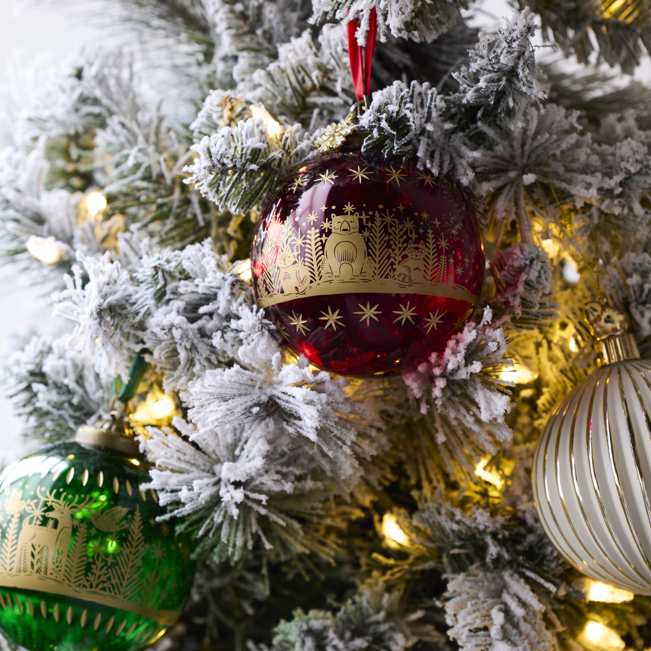Red Green and White Winter Scene Gold Foil Glass Ornaments 3 Assorted - 4in thumbnail