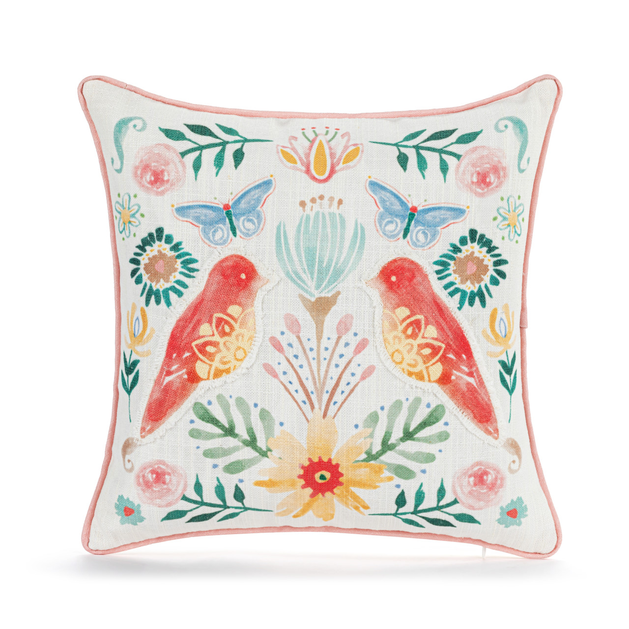 Coral Birds with Floral Accent Pillow - 15in thumbnail