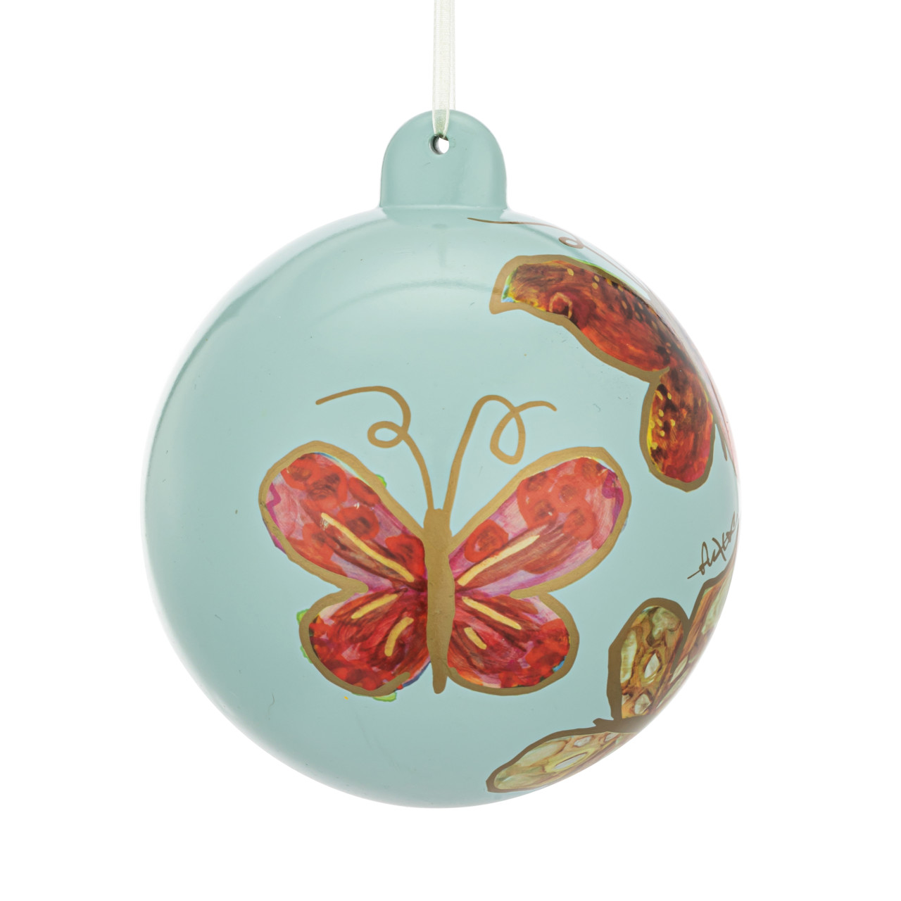 Red Butterfly Mint Green Round Ornament - 4in thumbnail