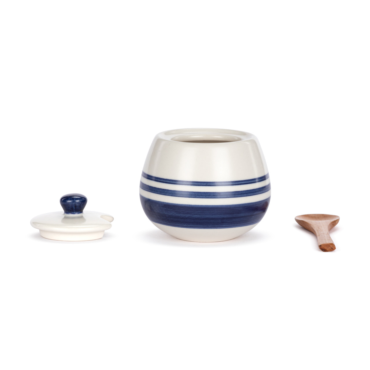Blue and White Stripe Ceramic Hand Painted Condiment Dish with Spoon thumbnail