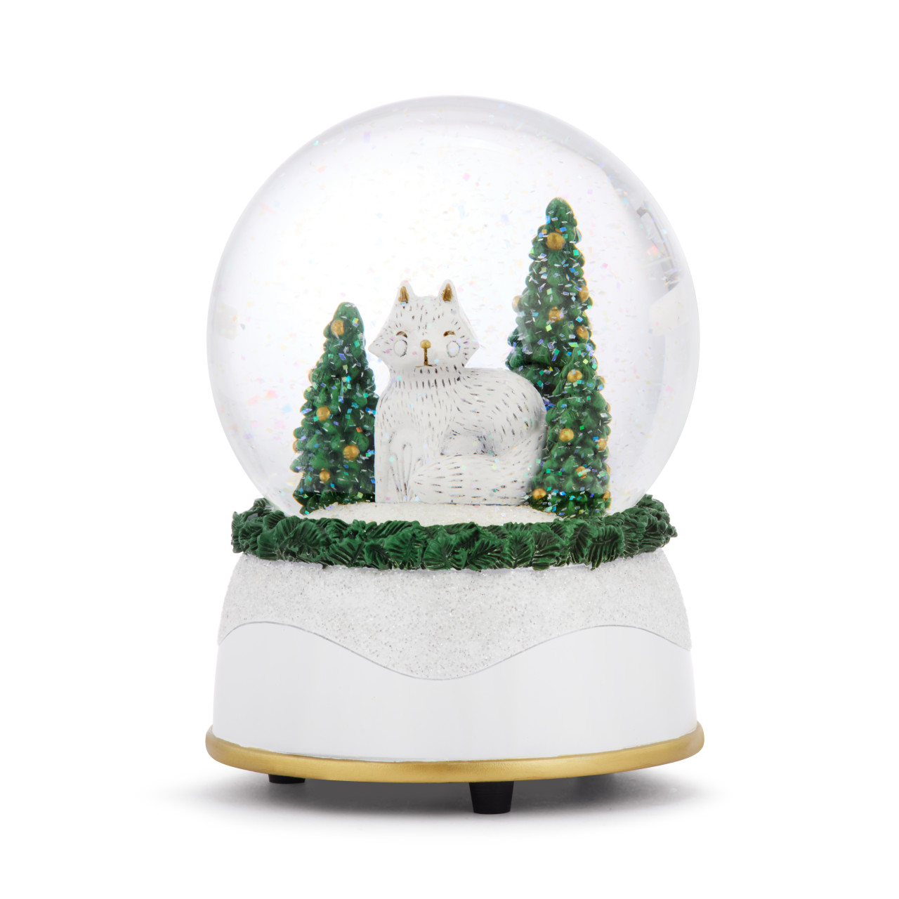 Fox Glittered Greenery Musical Snow Globe - 4x5.5in thumbnail