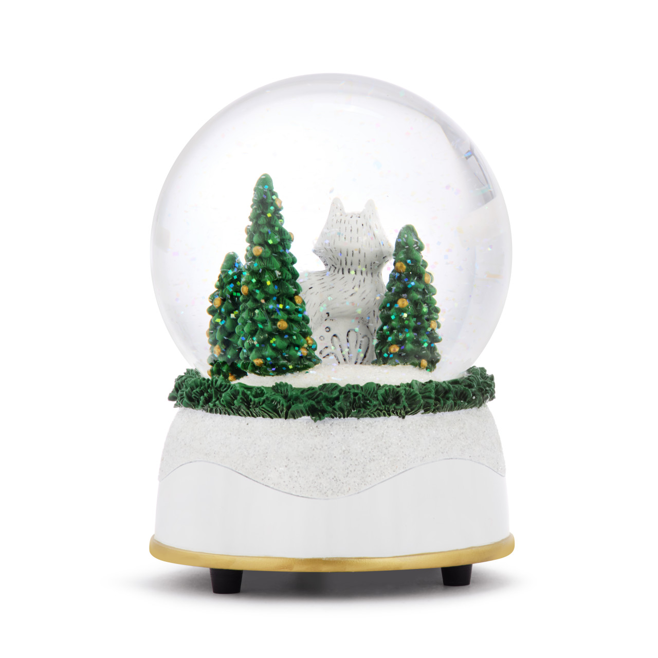 Fox Glittered Greenery Musical Snow Globe - 4x5.5in thumbnail