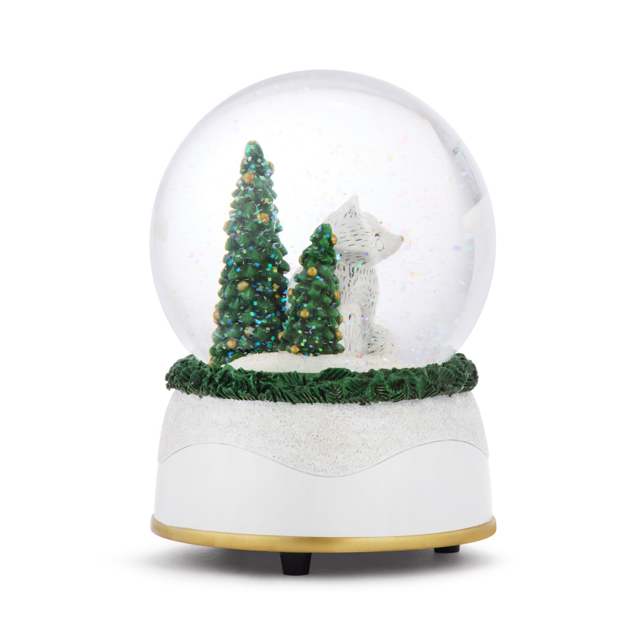 Fox Glittered Greenery Musical Snow Globe - 4x5.5in thumbnail