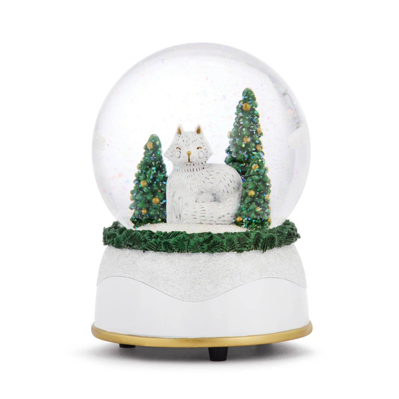 Fox Glittered Greenery Musical Snow Globe - 4x5.5in thumbnail
