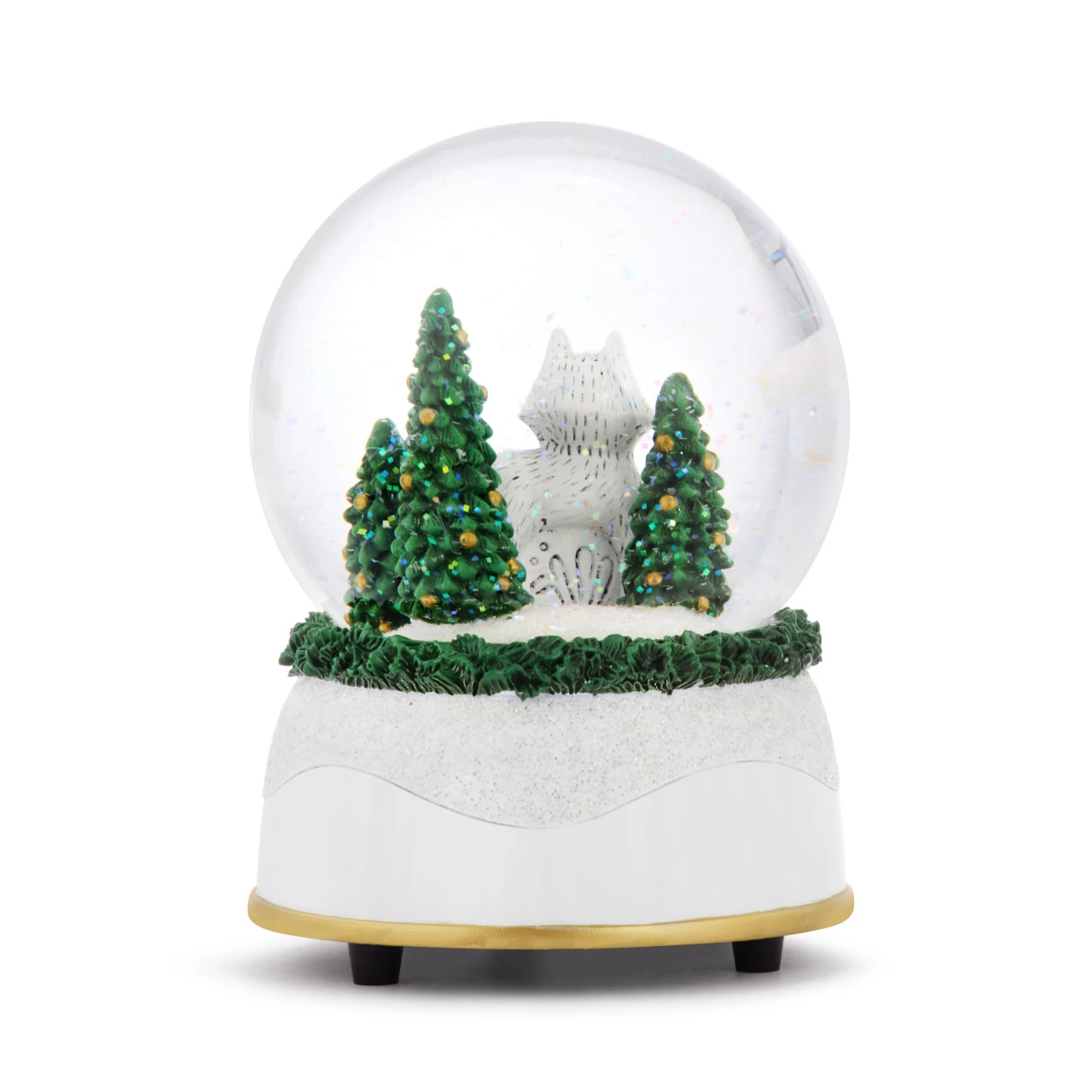 Fox Glittered Greenery Musical Snow Globe - 4x5.5in thumbnail