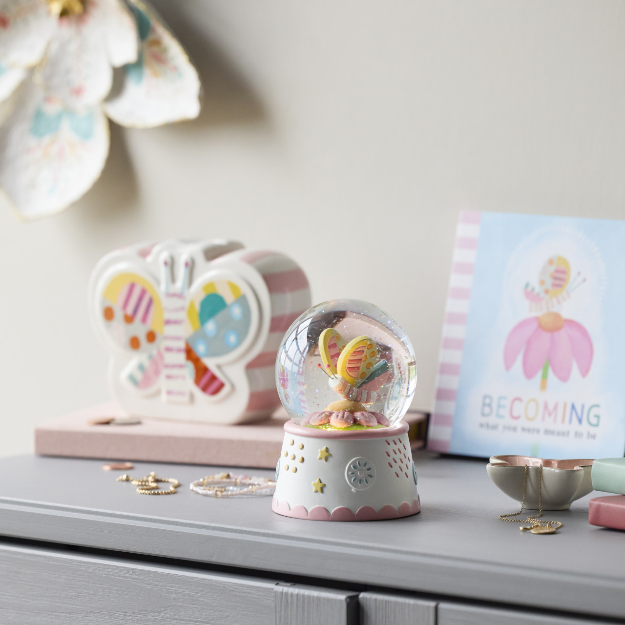 Patchwork Butterfly and Flower Light Up Water Globe - 3x5in thumbnail