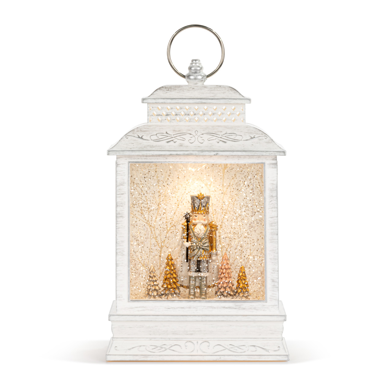 Nutcracker with Trees Lit Musical White USB Snow Globe Lantern - 6.5x10in thumbnail