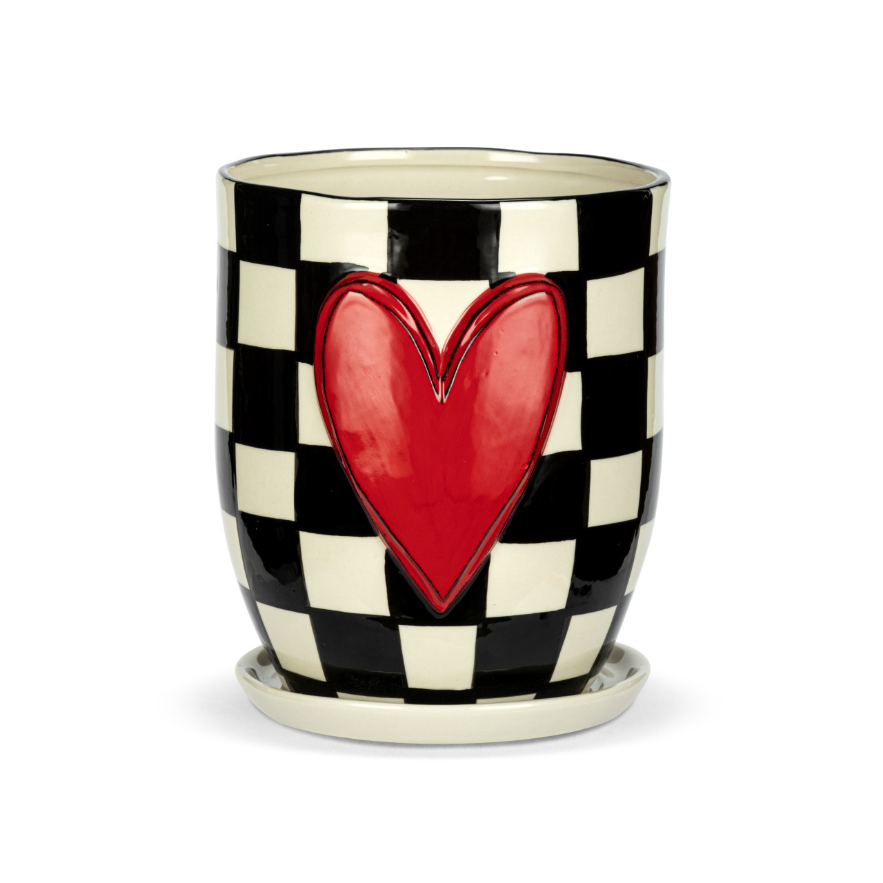 Ceramic Checker Red Heart Planter & Saucer 6" x 7.5" thumbnail