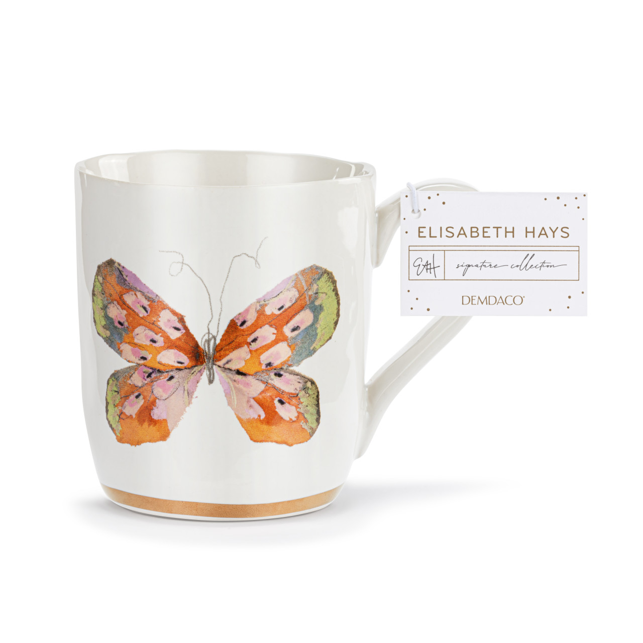 Orange Multi Butterfly White Mug with Gold Trim - 14oz thumbnail
