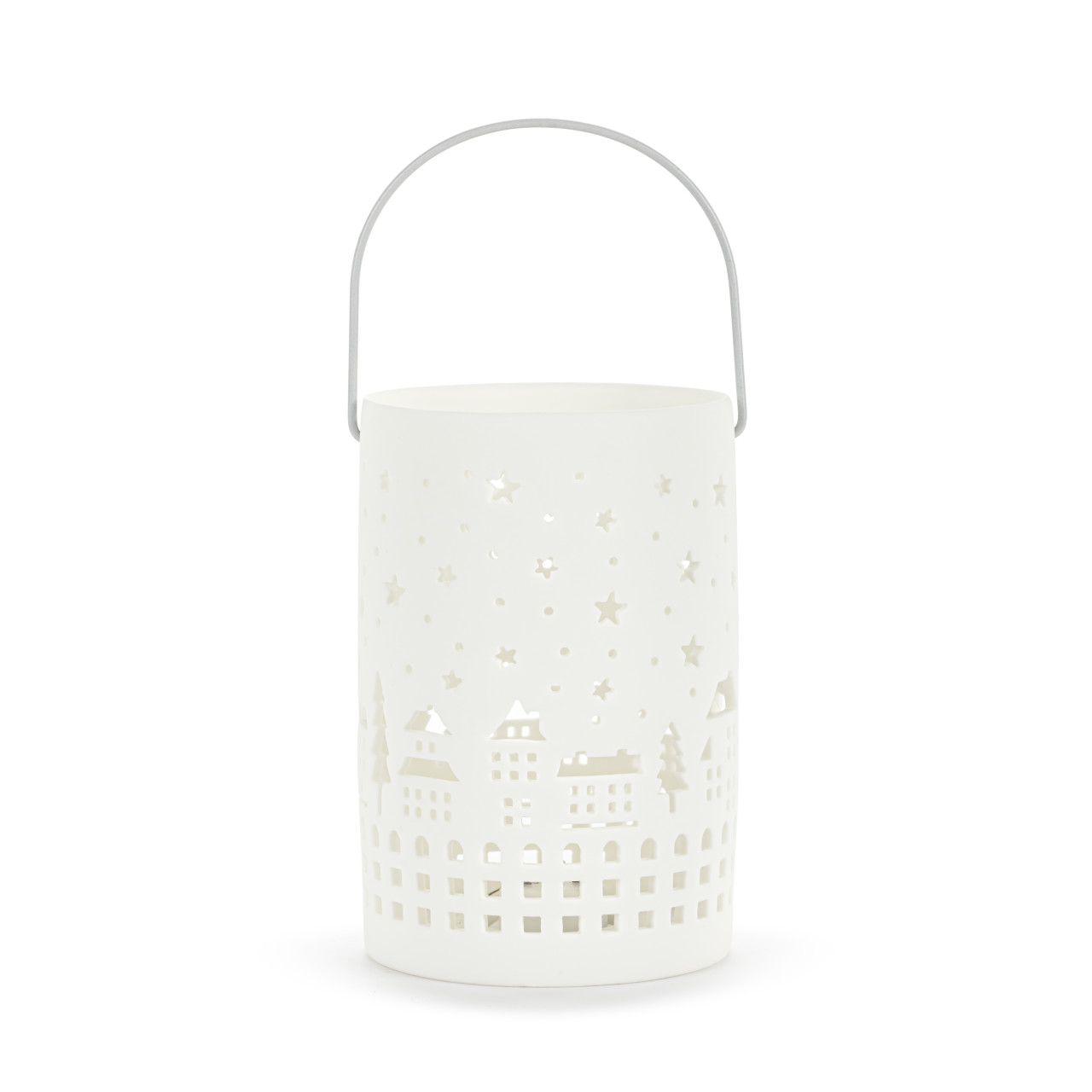 White LED Ceramic Holiday Village Scene Small Lantern - 3x5in thumbnail