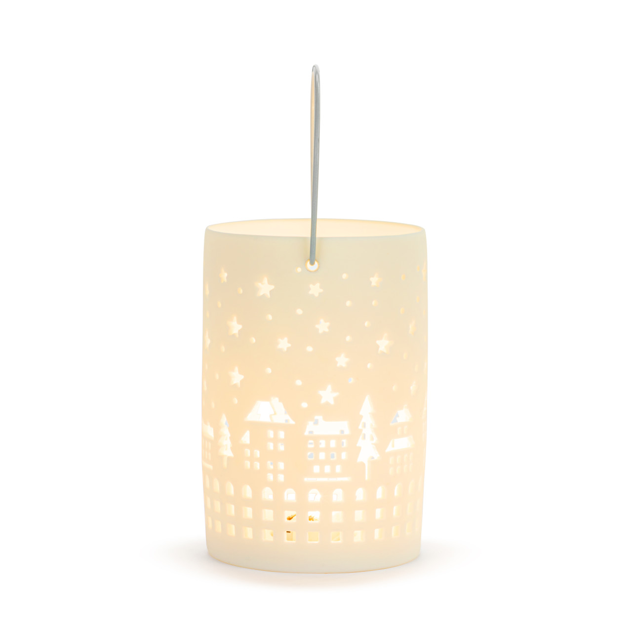 White LED Ceramic Holiday Village Scene Small Lantern - 3x5in thumbnail