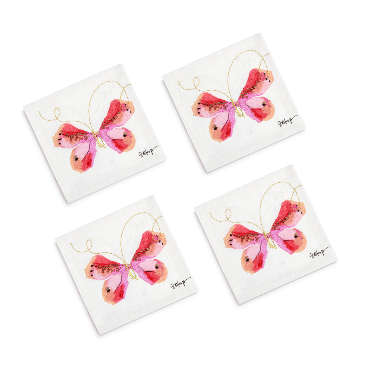 Pink Butterfly Fabric Cocktail Napkins Set of 4 - 6in thumbnail