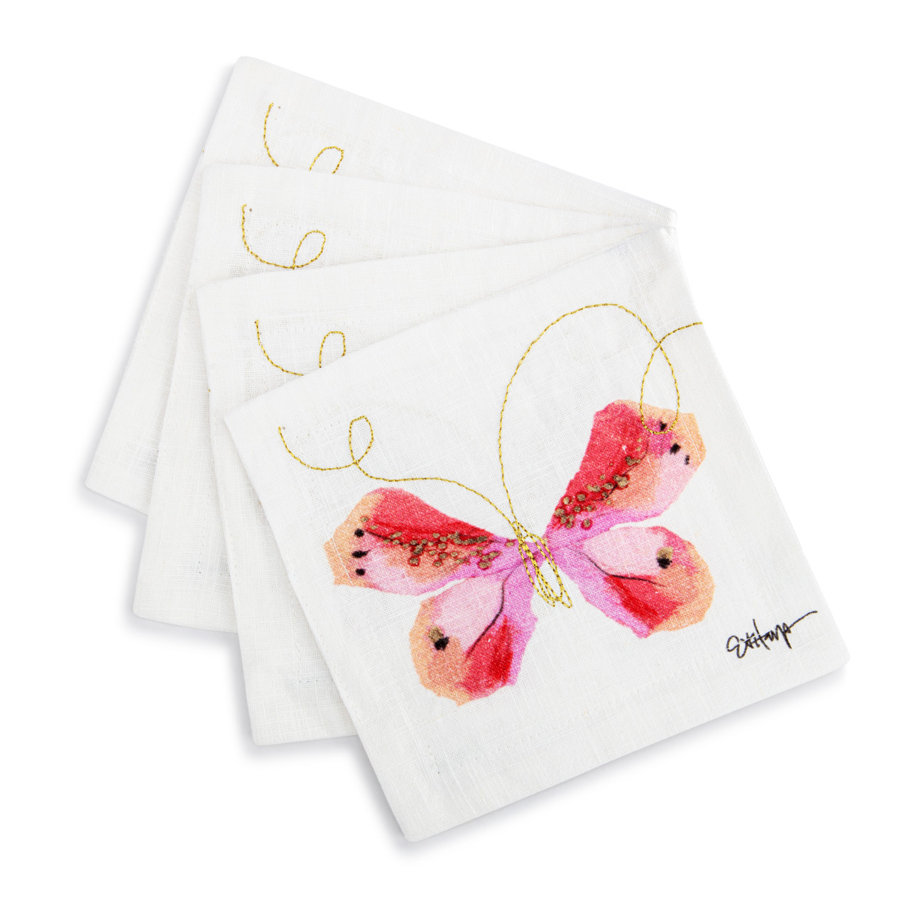 Pink Butterfly Fabric Cocktail Napkins Set of 4 - 6in thumbnail