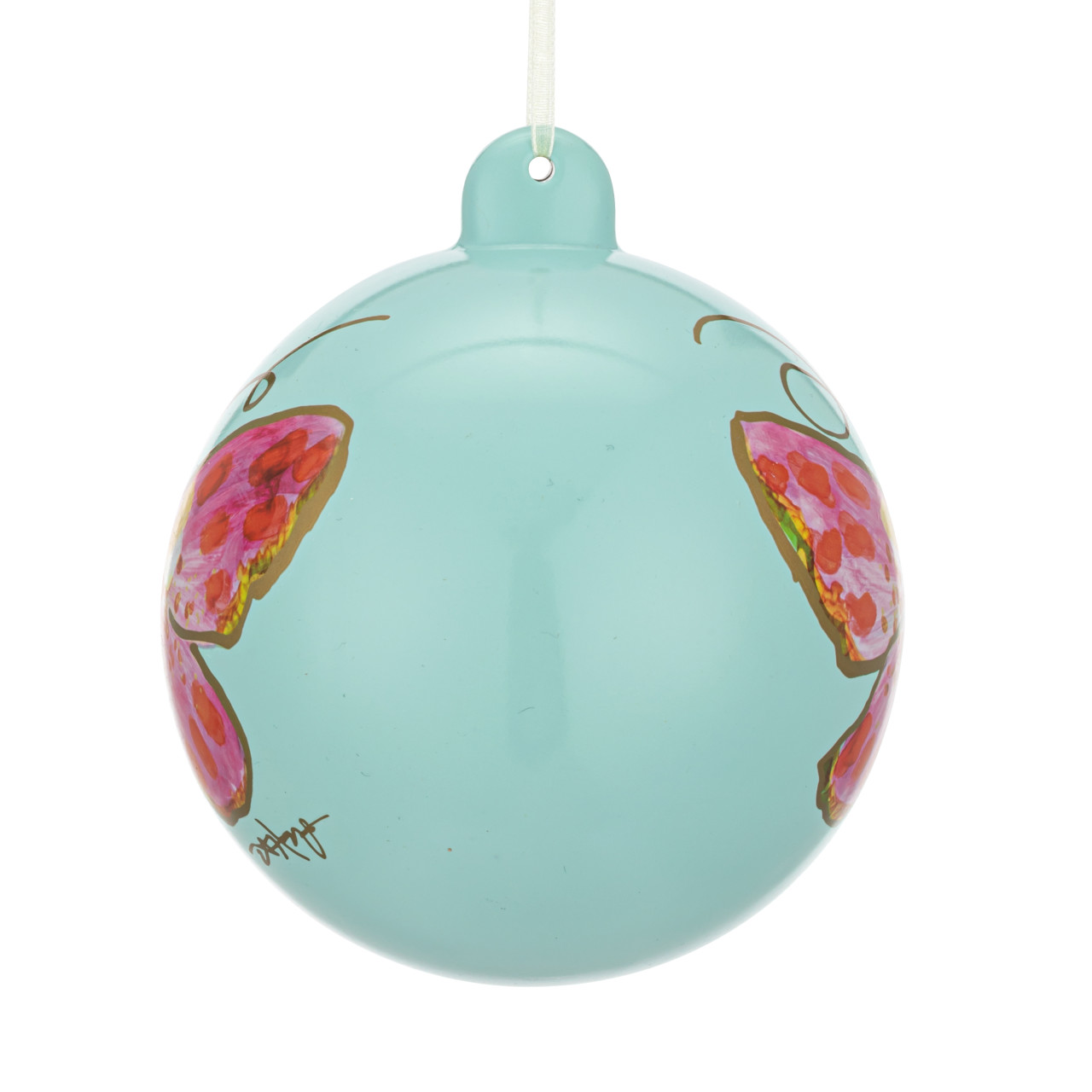 Pink Butterfly Sage Green Round Ornament - 4in thumbnail