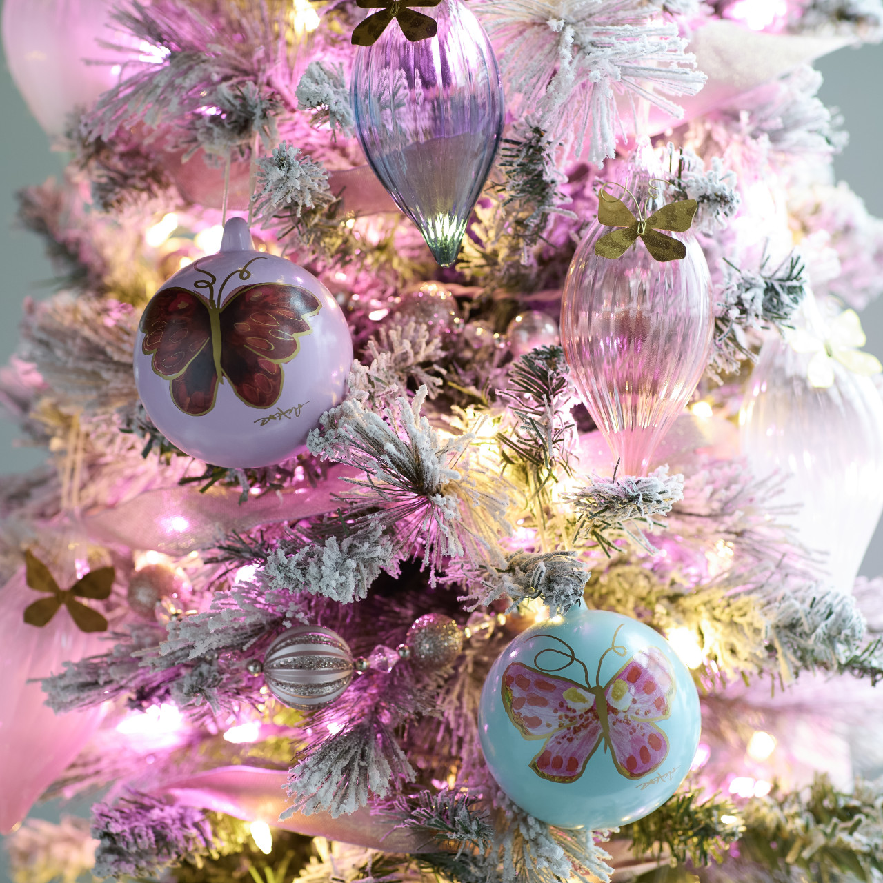 Pink Butterfly Sage Green Round Ornament - 4in thumbnail