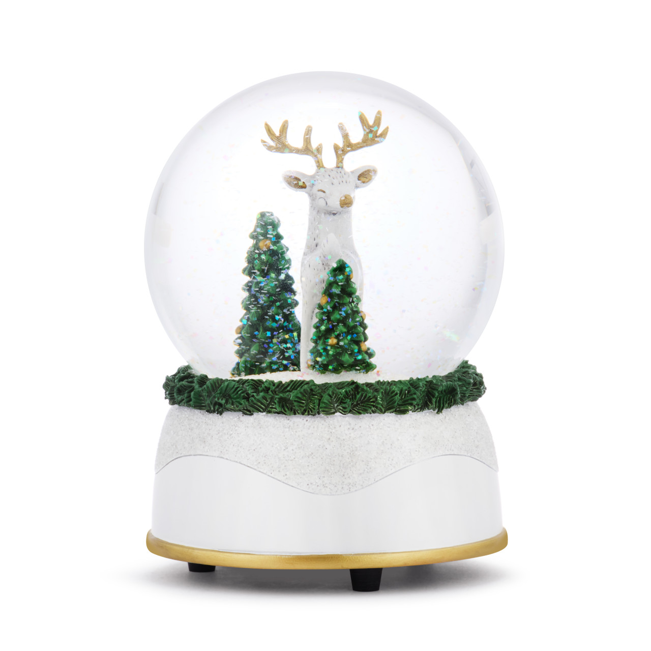 Deer Glittered Greenery Musical Snow Globe - 4x5.5in thumbnail
