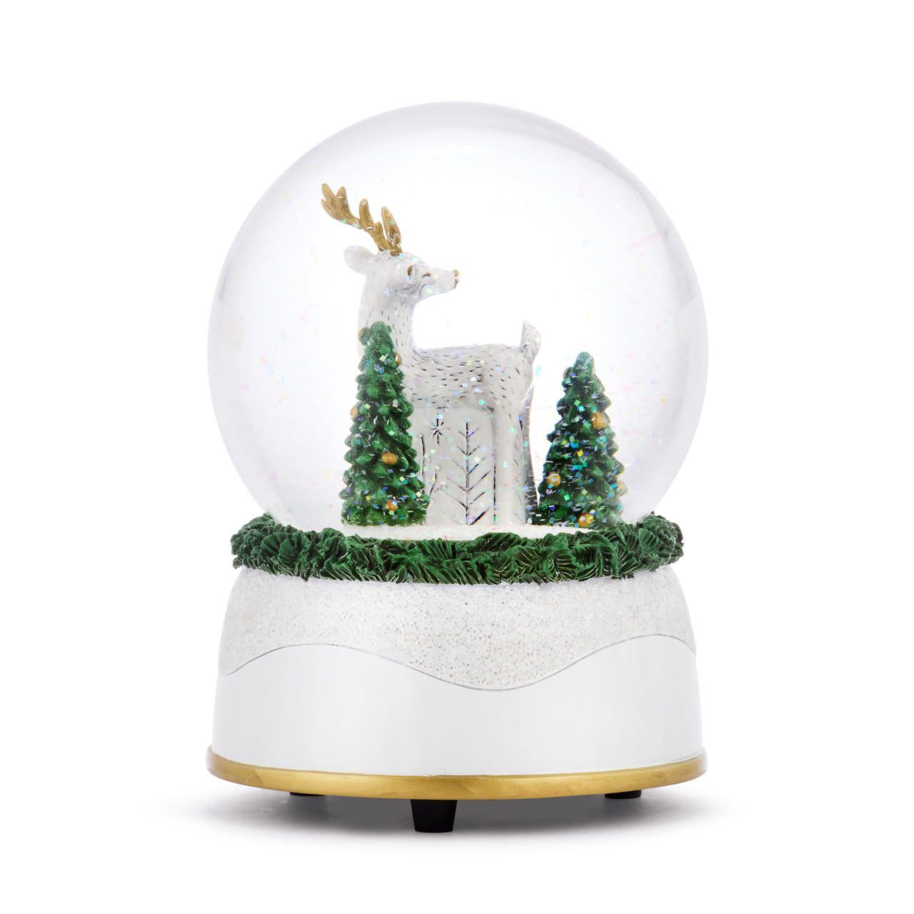 Deer Glittered Greenery Musical Snow Globe - 4x5.5in thumbnail