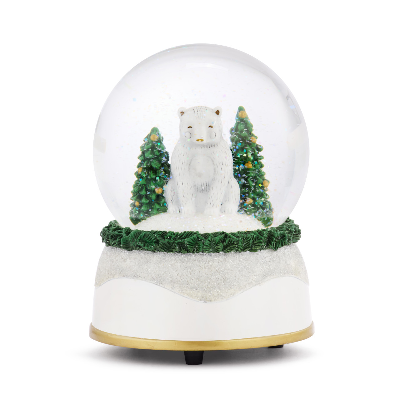 Polar Bear Glittered Greenery Musical Snow Globe - 4x5.5in thumbnail