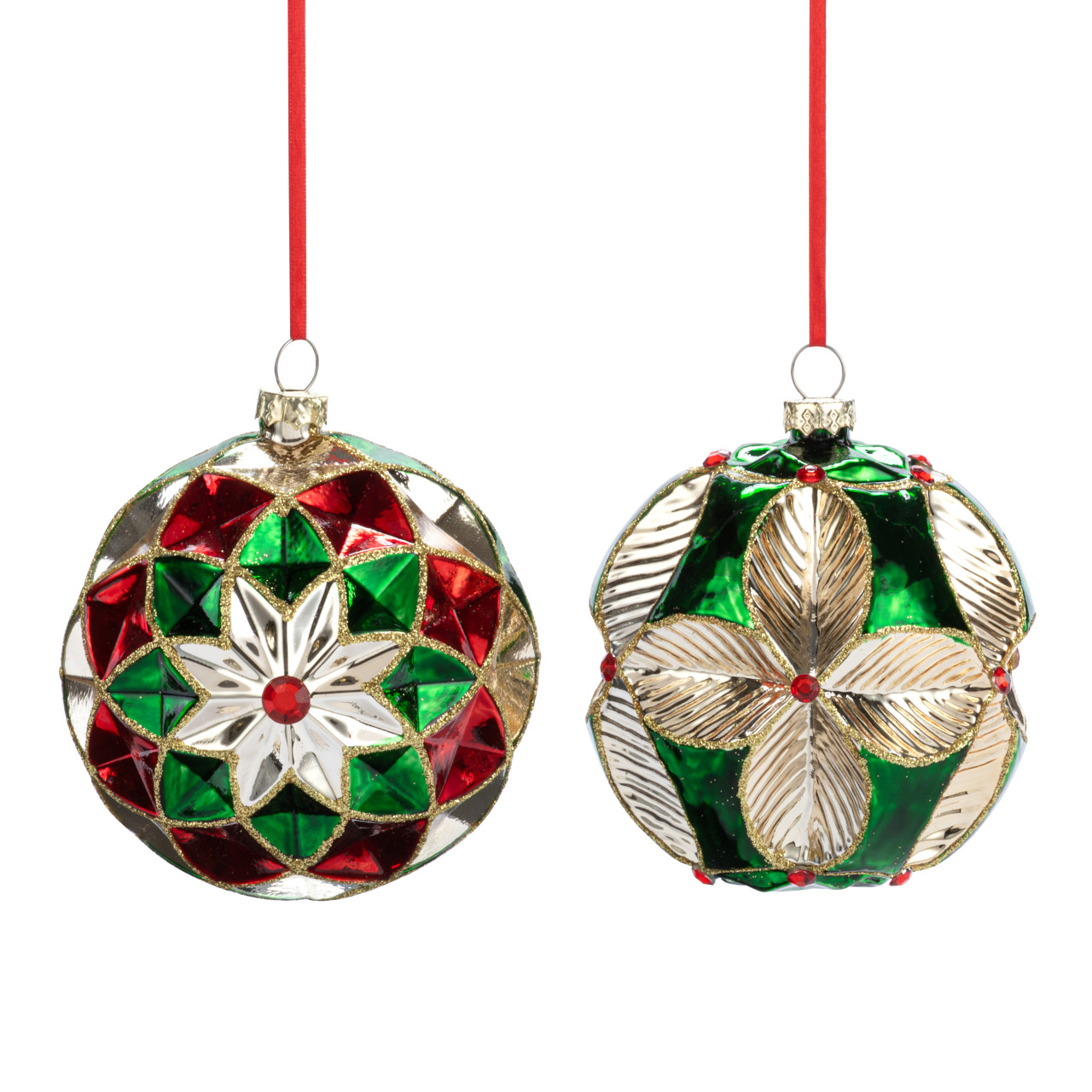 Geometric Cut Out Red Green & Gold Glass Ornaments 2 Assorted - 4in thumbnail