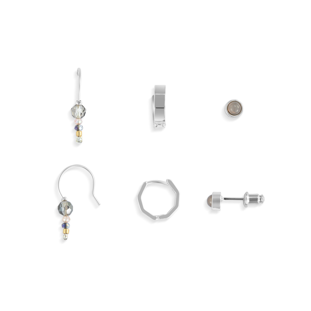 Dainty Bead Silver & Gray Earrings Set of 3 - 12x10mm thumbnail