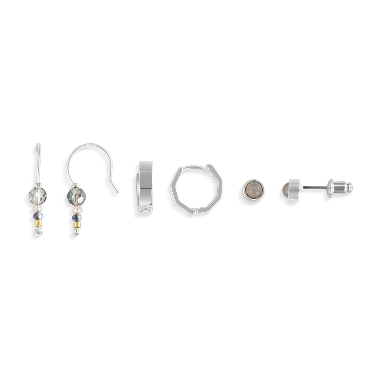 Dainty Bead Silver & Gray Earrings Set of 3 - 12x10mm thumbnail
