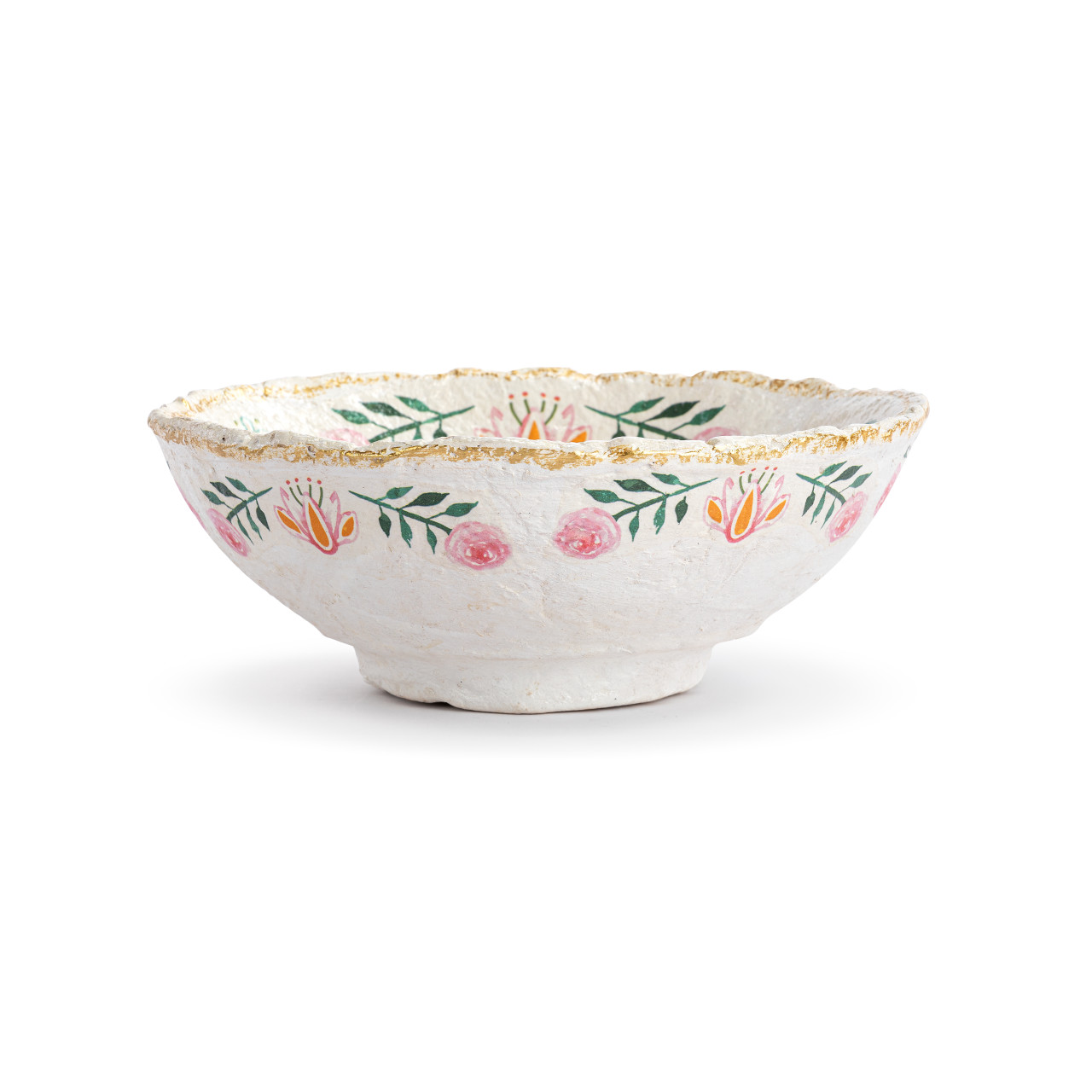 Paper Mache Coral Birds with Gold Rim Bowl - 7.5in thumbnail