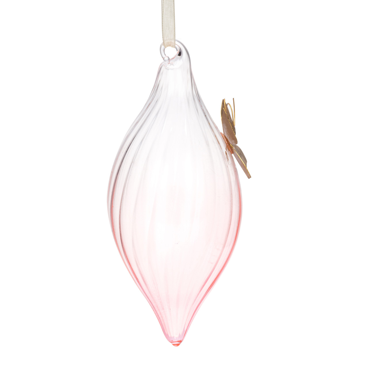 Light Pink Milk Glass Ornament with Butterfly Charm - 3x7in thumbnail